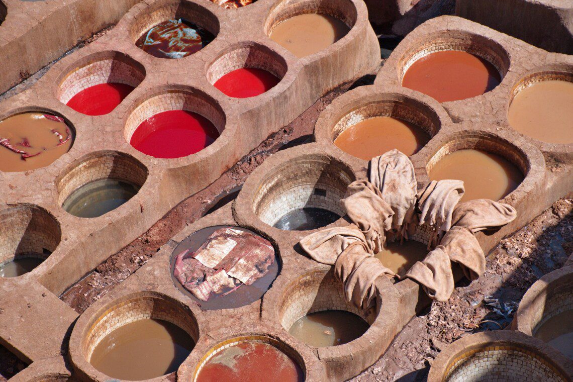 High angle view of leather and tanning quater in Fes, Morocco